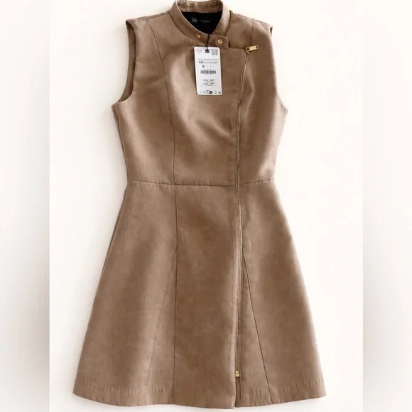 Zara NWT XS Suede Effect Zip Dress – Taupe - Picture 4 of 5